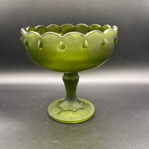 Vintage Indiana Frosted Green Glass Teardrop Scalloped Pedestal Compote Bowl
